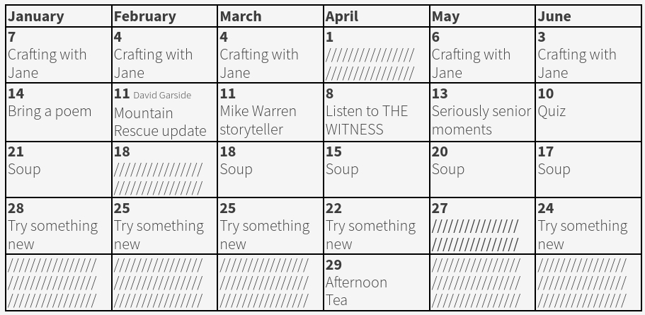 A table showing the Wednesday Together Programme 2026